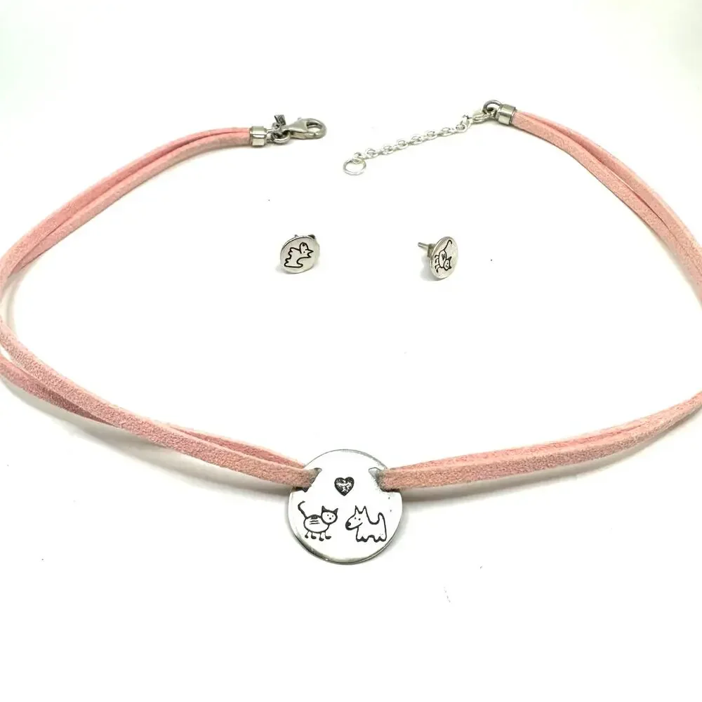 Silpada Israel Pink Cat Dog Sterling Silver Necklace Earring Set 925 Pet Jewelry